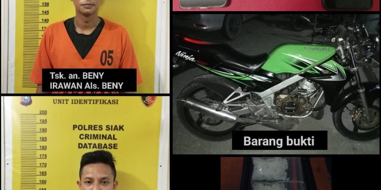 Satres Narkoba Polres Siak menangkap dua orang pria diduga pelaku tindak pidana penyalahgunaan narkotika  jenis shabu di Jalan Pemda Kampung Tualang Kec. Tualang Kab. Siak (15/05/2023).